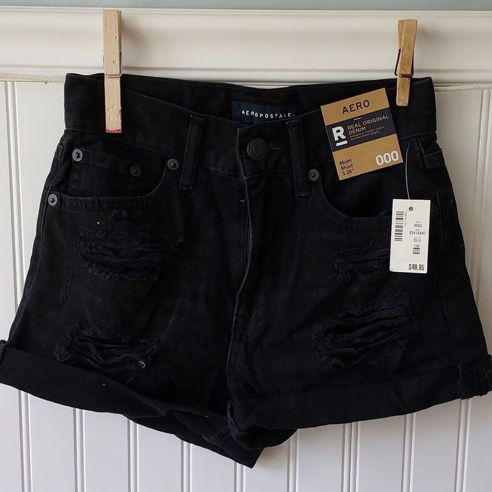Aeropostale Black Distressed Mom Shorts High Waisted Sz 000 NWT Grunge Festival